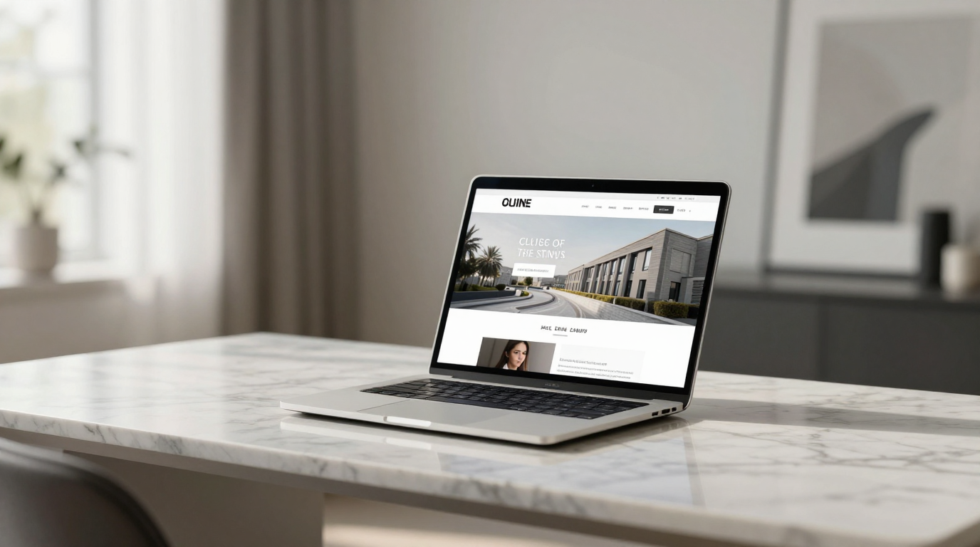 Lüks ve minimal bir çalışma alanında modern bir web tasarımı sergileniyor
