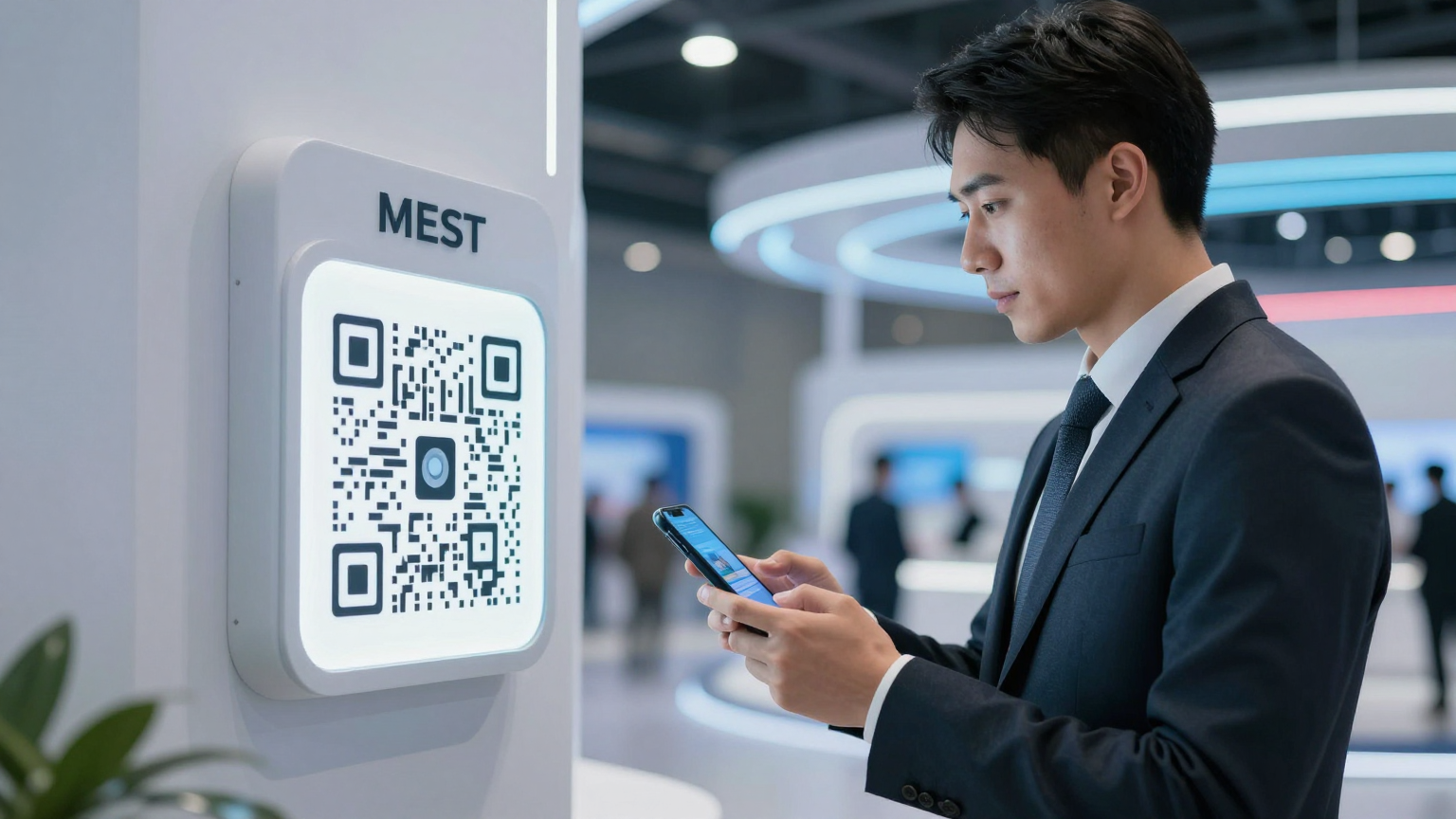 Bir iş insanı endüstriyel fuarda stand üzerindeki QR kodu telefonuna taratıyor