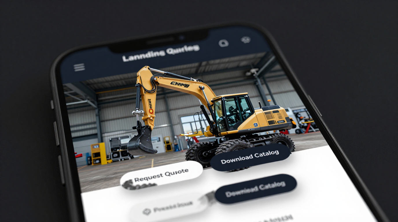 Akıllı telefon ekranında modern bir sanayi landing page tasarımı ve büyük butonlar